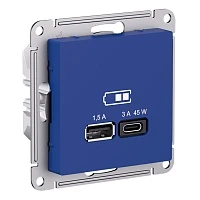 Розетка Systeme Electric AtlasDesign Аквамарин USB A + тип-C 45Вт высокоскор.заряд. QC,PD, механизм